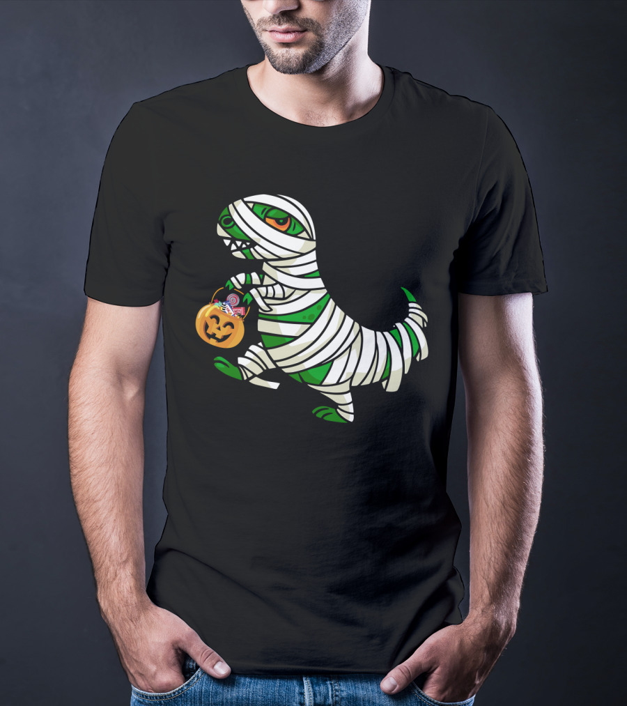 Mummy Dinosaur With Halloween Pumpkin And Candy Basket T-Shirt