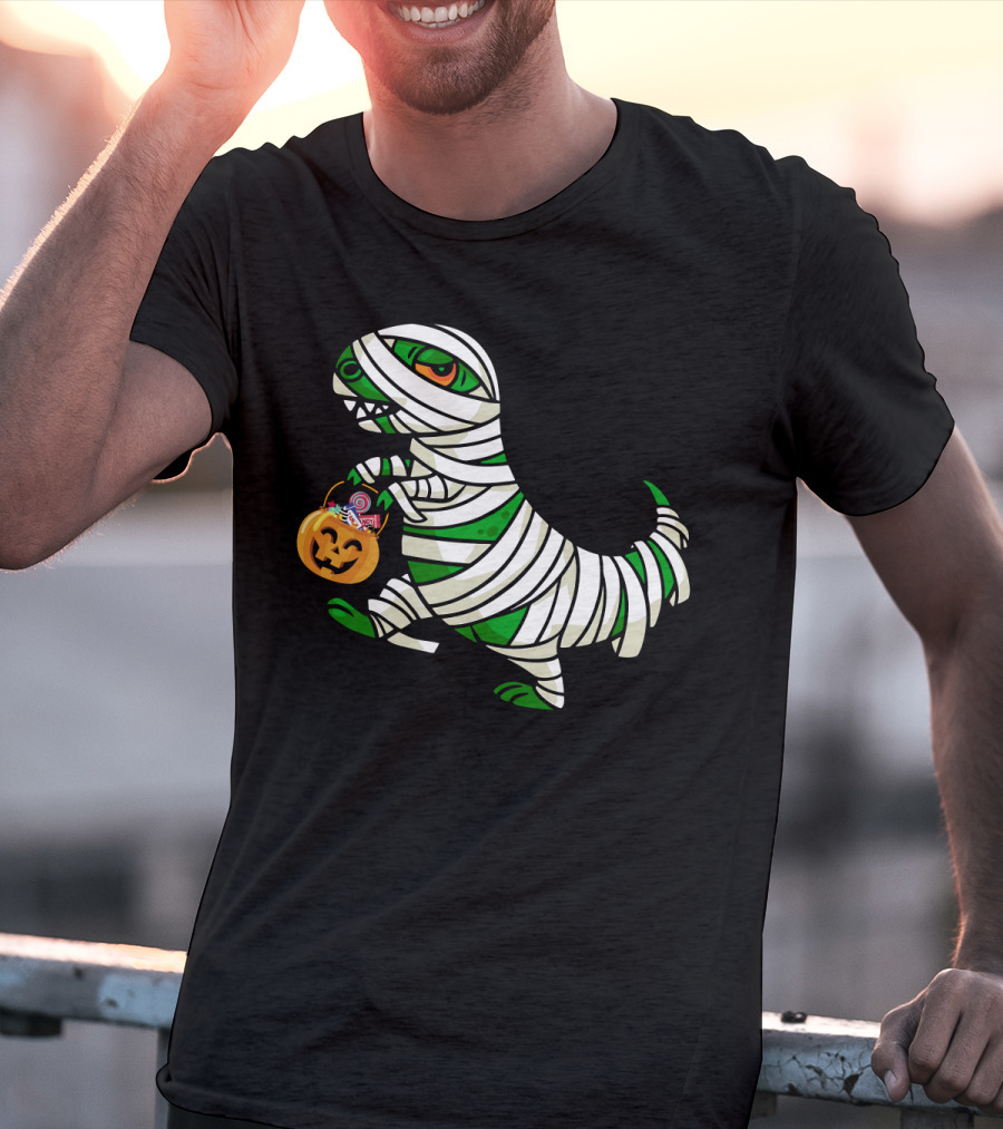 Mummy Dinosaur With Halloween Pumpkin And Candy Basket T-Shirt