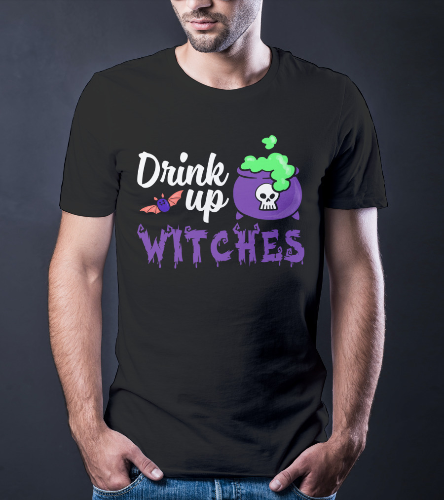 Drink Up Witches Purple Cauldron With Skull And Bat Elements T-Shirt