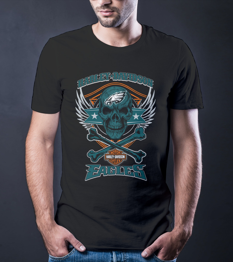 Harley Davidson Philadelphia Eagles Skull Wings T-Shirt
