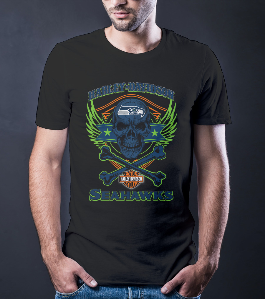 Harley Davidson Seattle Seahawks Skull And Crossbones T-Shirt