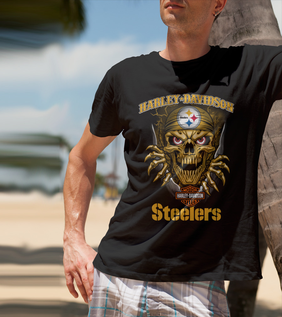 Harley Davidson Skull Steelers Moto Nfl Pittsburgh Steelers T-Shirt