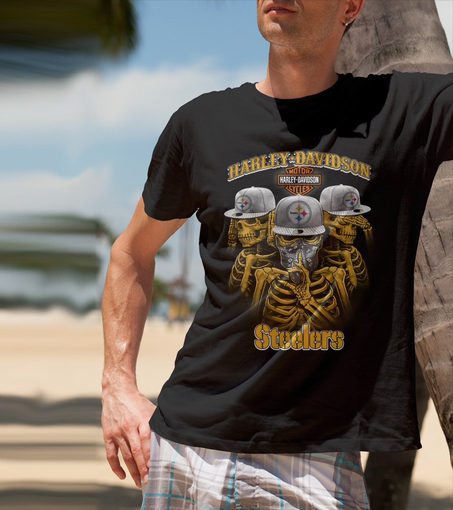 Harley Davidson Motor Cycles Steelers Skull Trio T-Shirt