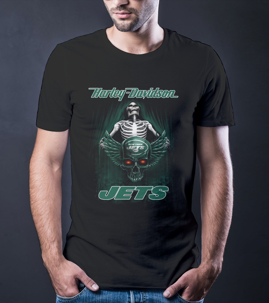 Harley Davidson New York Jets Skeleton Winged Skull T-Shirt