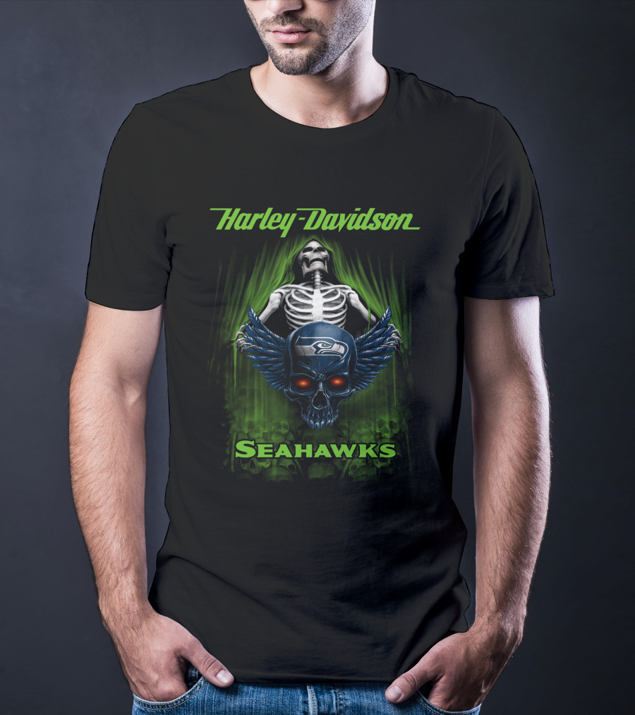 Harley Davidson Seattle Seahawks Skeleton Skull T-Shirt