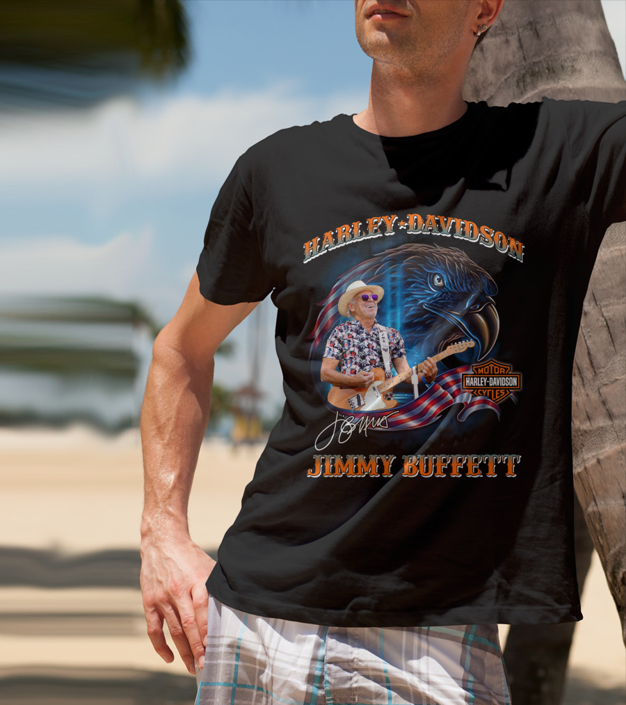 Harley Davidson Jimmy Buffett American Flag Eagle Guitar T-Shirt