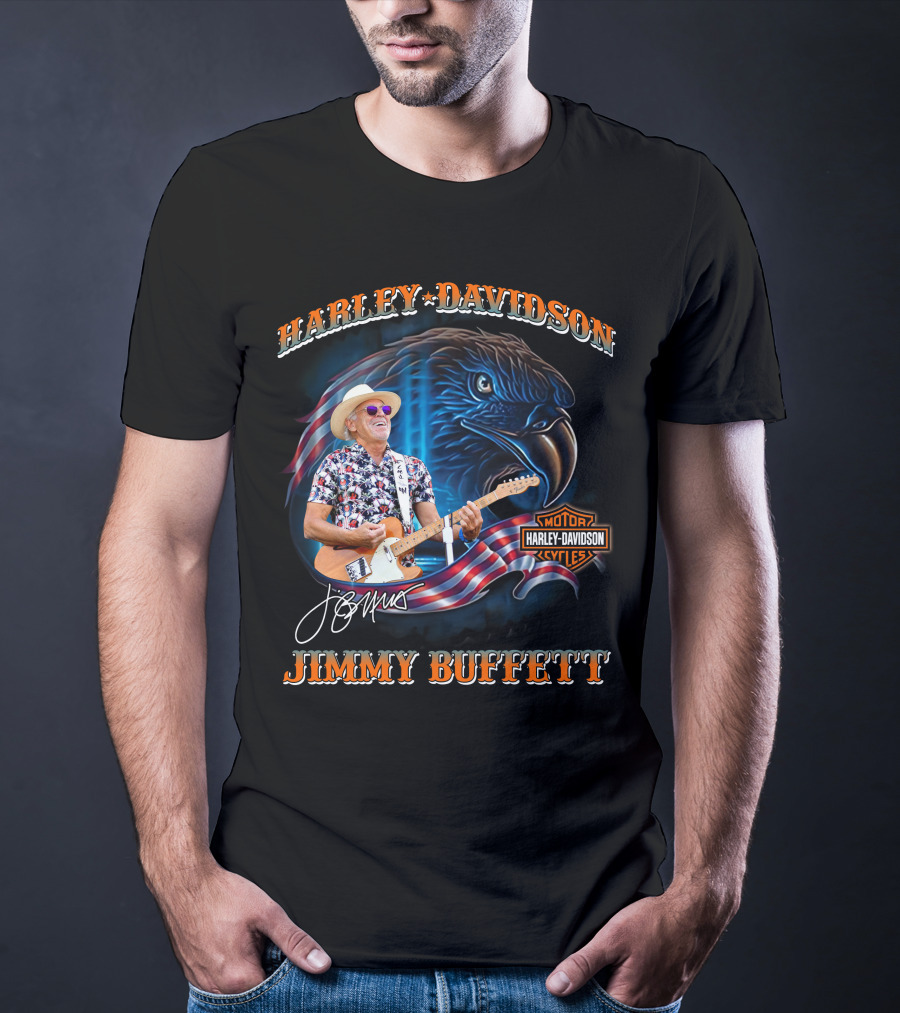 Harley Davidson Jimmy Buffett American Flag Eagle Guitar T-Shirt