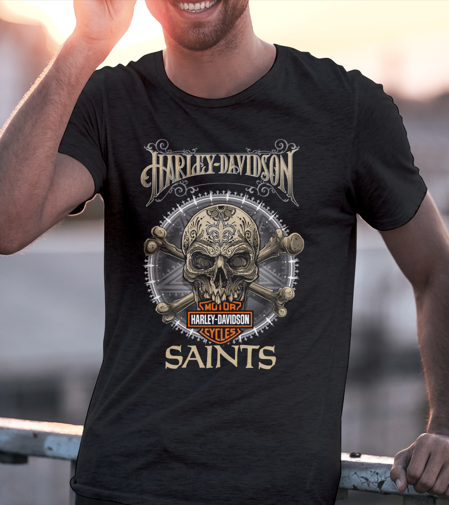 Harley Davidson New Orleans Saints Skull And Crossbones T-Shirt