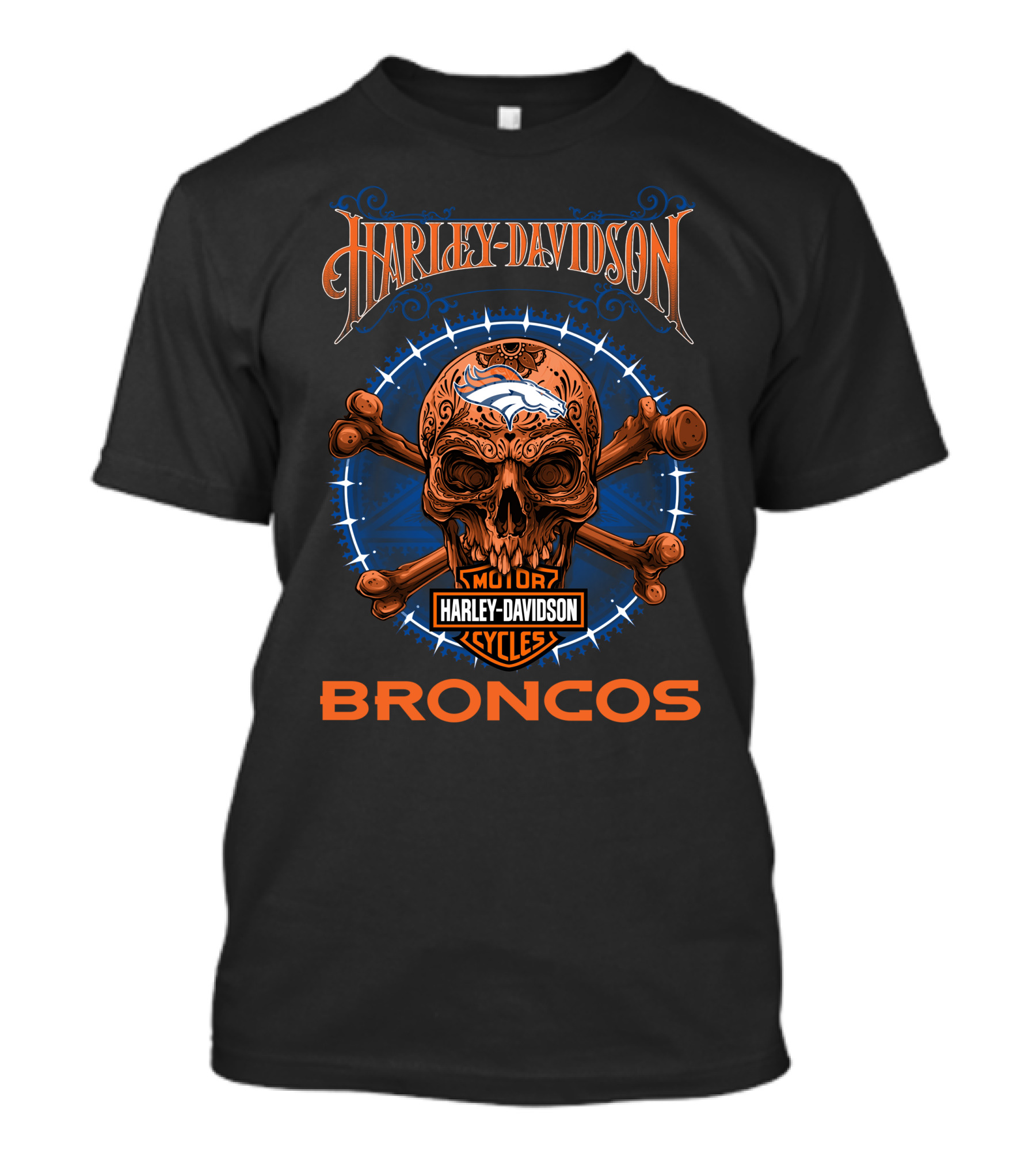 Harley Davidson Denver Broncos Motor Cycles Skull Em Up T-Shirt