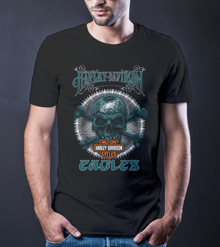 Harley Davidson Philadelphia Eagles Motor Cycles Skull T-Shirt