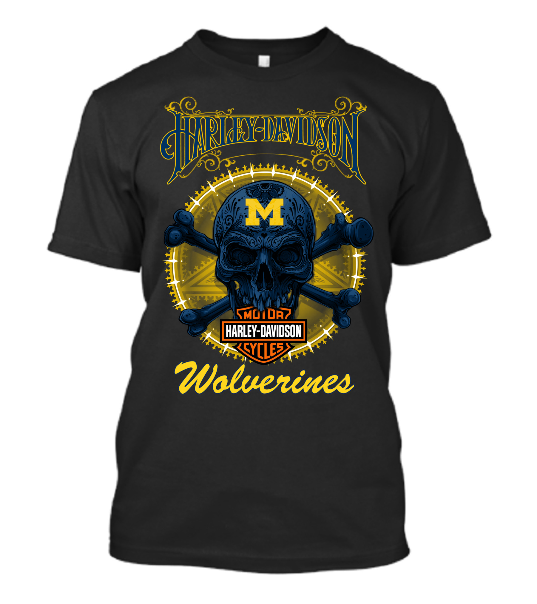 Harley Davidson Michigan Wolverines Skull Motor Cycles T-Shirt