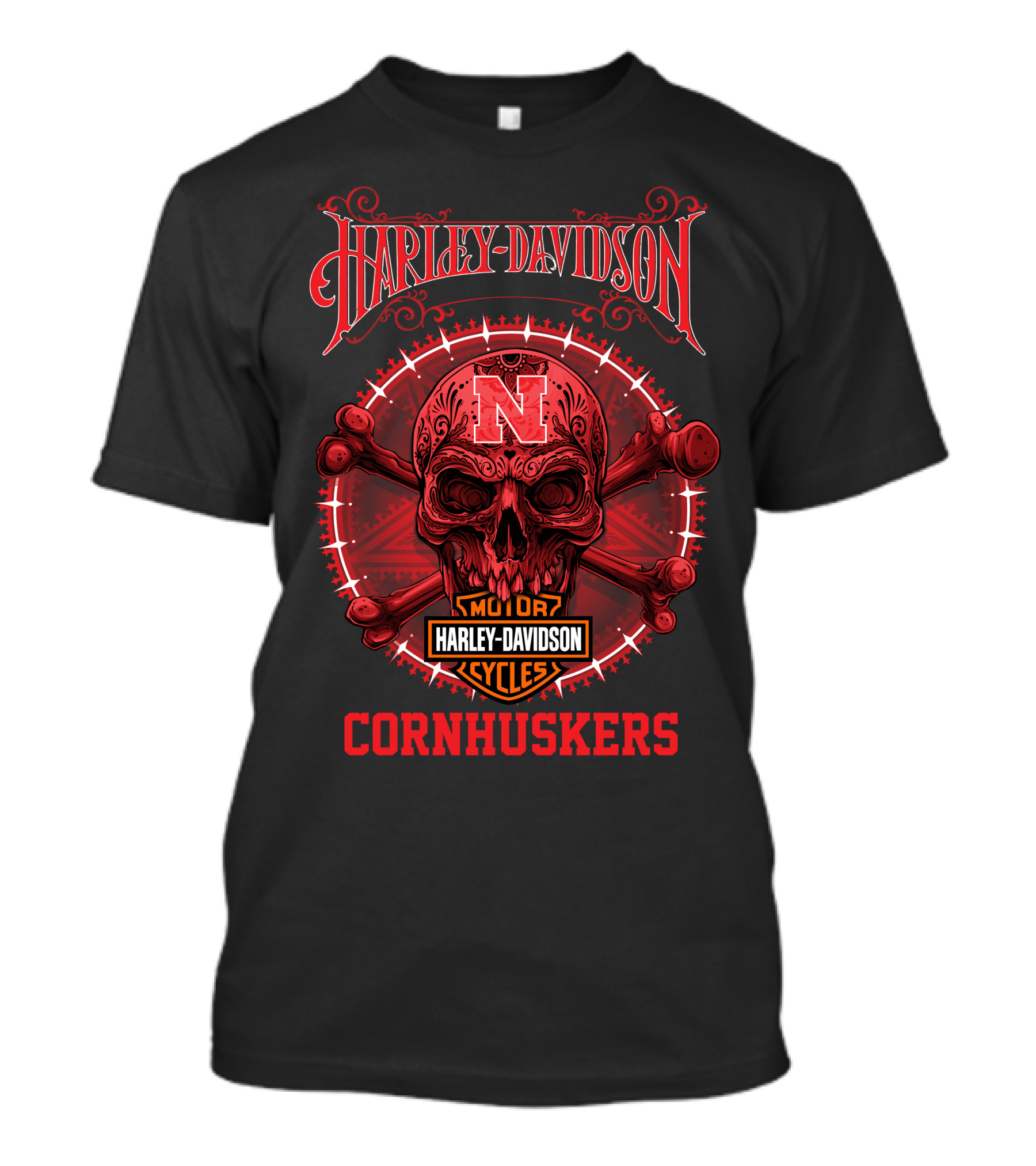 Harley Davidson Nebraska Cornhuskers Skull Motor Cycles T-Shirt