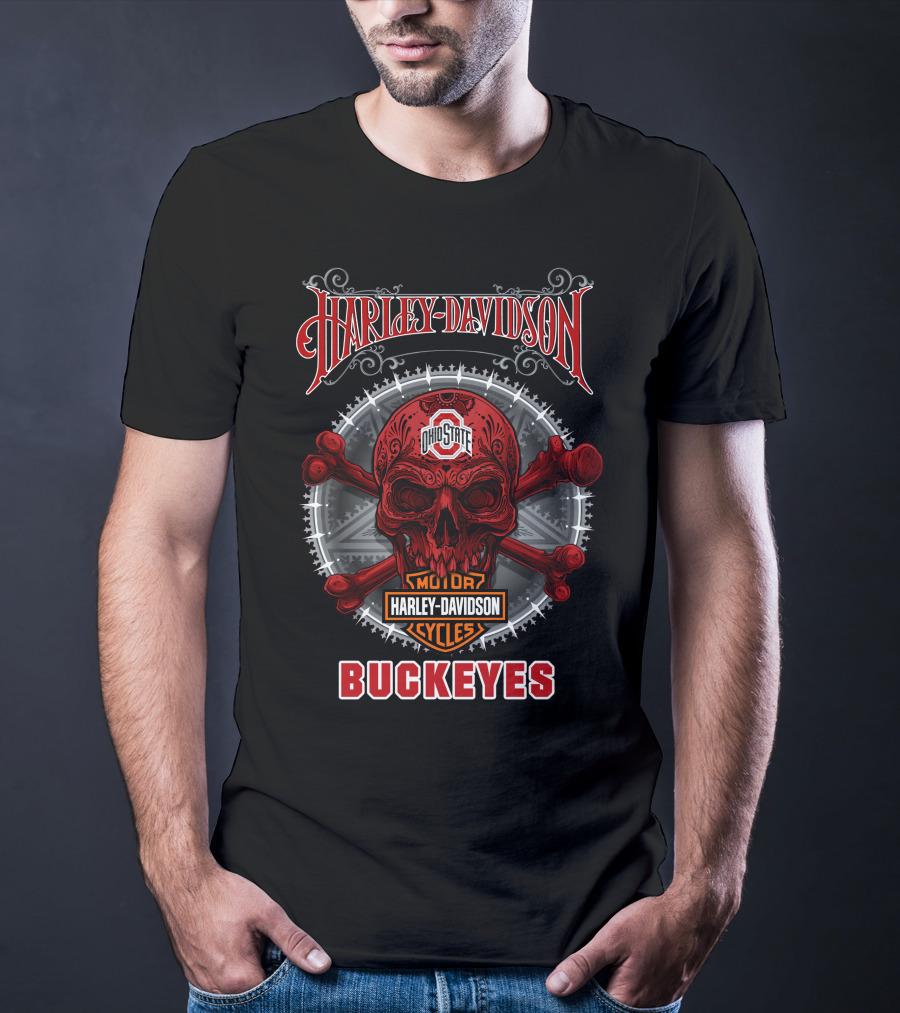 Harley Davidson Ohio State Buckeyes Skull Motor Cycles T-Shirt