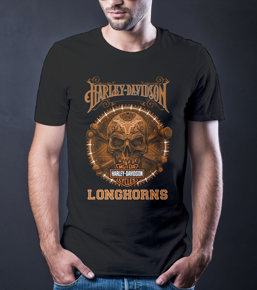 Harley Davidson Longhorns Skull Design Motor Cycles T-Shirt