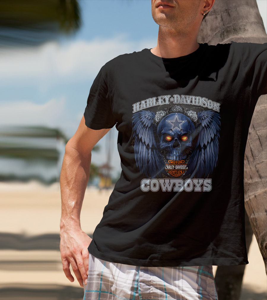 Harley Davidson Cycles Cowboys Skull With Wings And Star T-Shirt