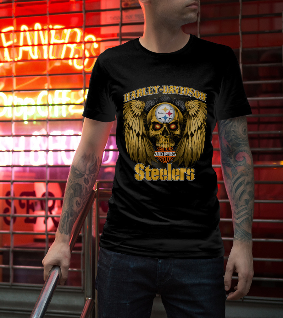 Harley Davidson Steelers Skull With Wings T-Shirt