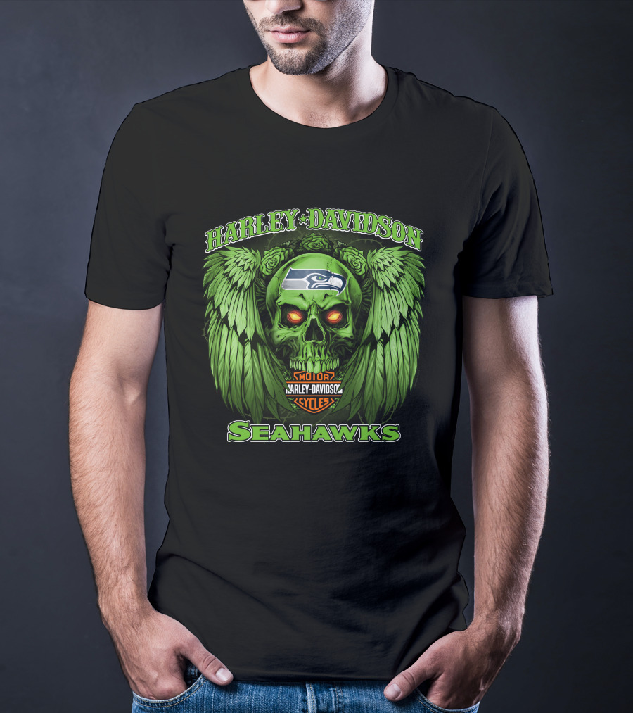 Harley Davidson Motor Cycles Seattle Seahawks Skull Wings T-Shirt