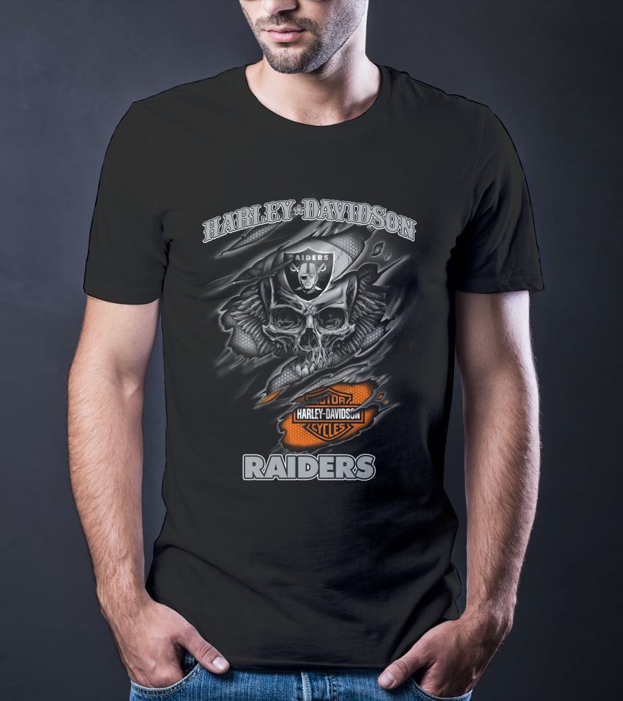 Harley Davidson Raiders Skull Graphic With Motor Cycles Logo Nfl 12.30 Las Vegas Raiders T-Shirt