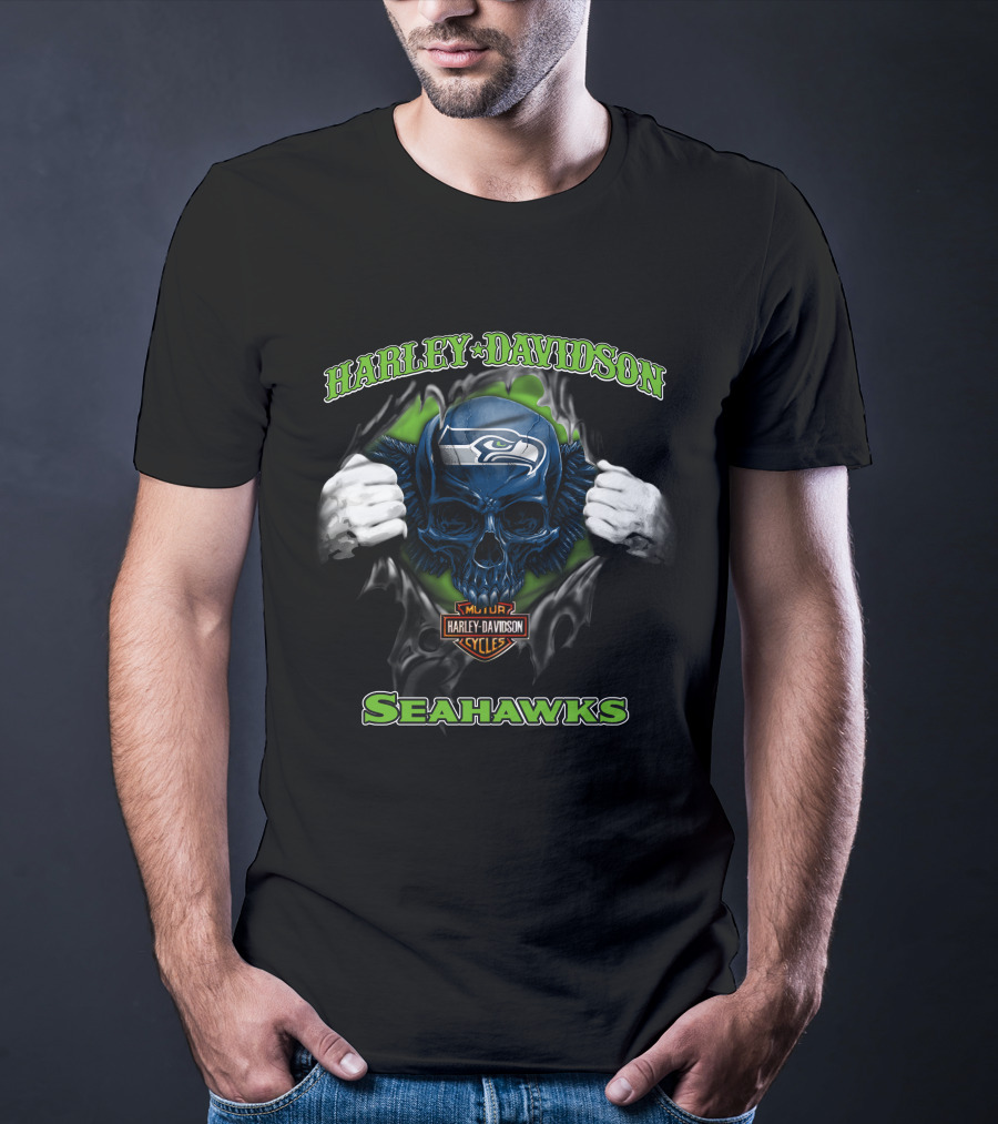 Harley Davidson Nfl Skull Seattle Seahawks Cycles T-Shirt
