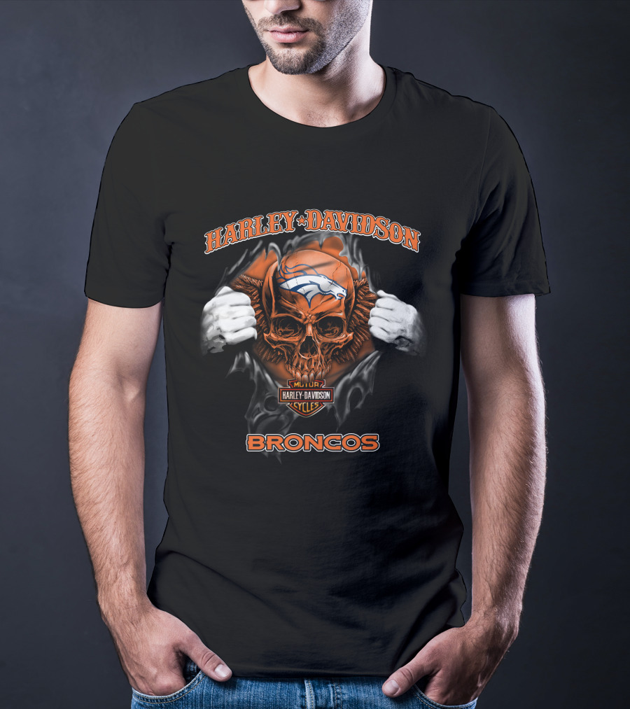 Harley Davidson Skull Denver Broncos Nfl Cycles T-Shirt