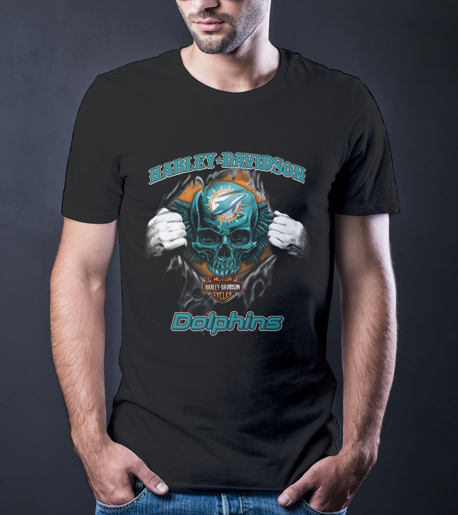 Harley Davidson Miami Dolphins Skull Nfl Cycles T-Shirt