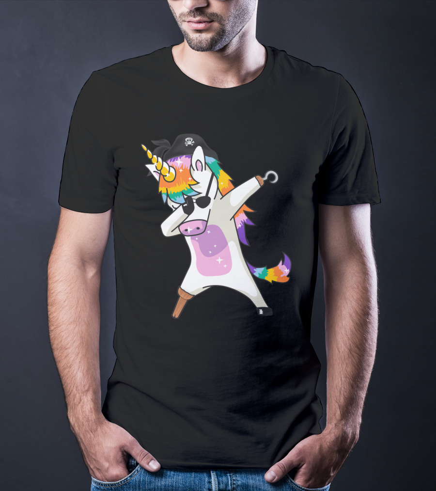 Dabbing Unicorn Pirate With Rainbow Mane Wearing Eyepatch And Pirate Hat T-Shirt