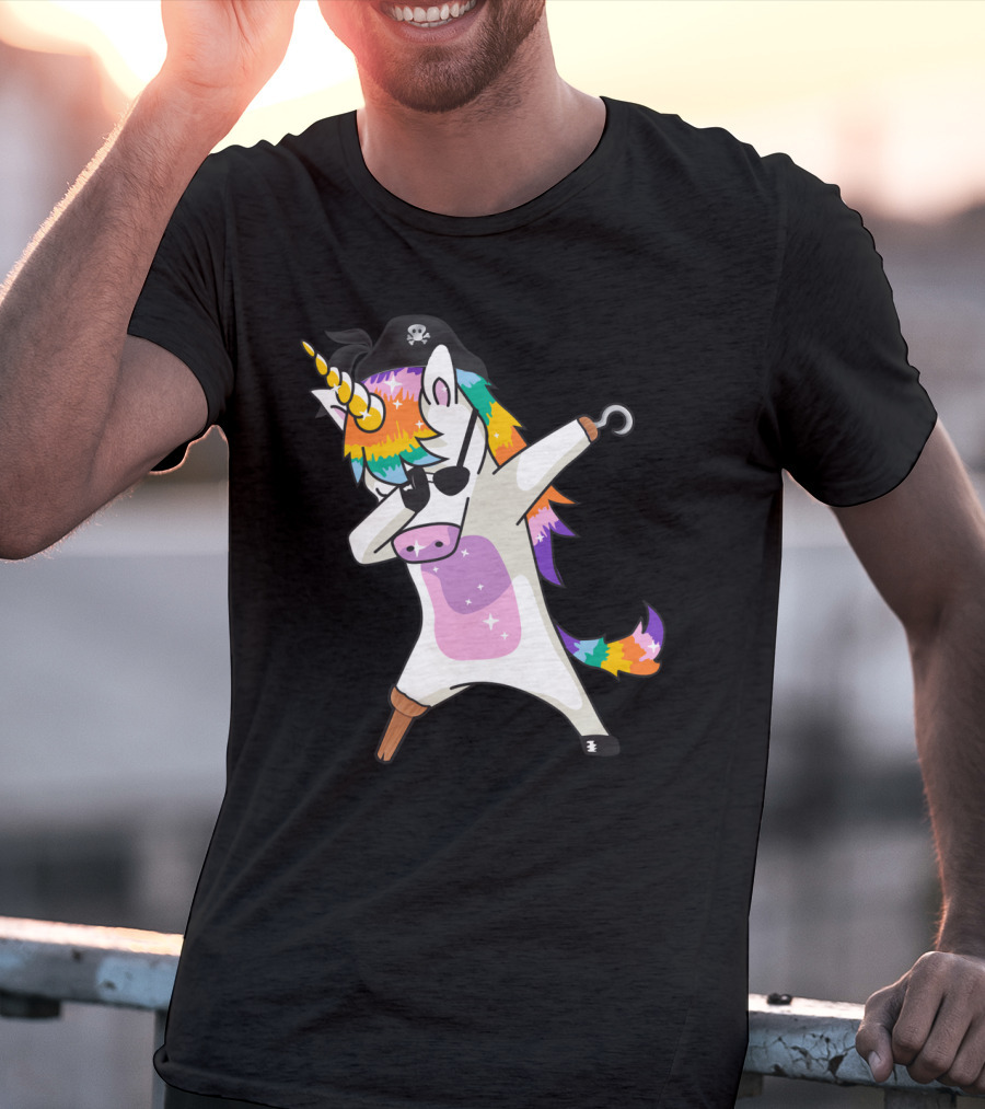 Dabbing Unicorn Pirate With Rainbow Mane Wearing Eyepatch And Pirate Hat T-Shirt