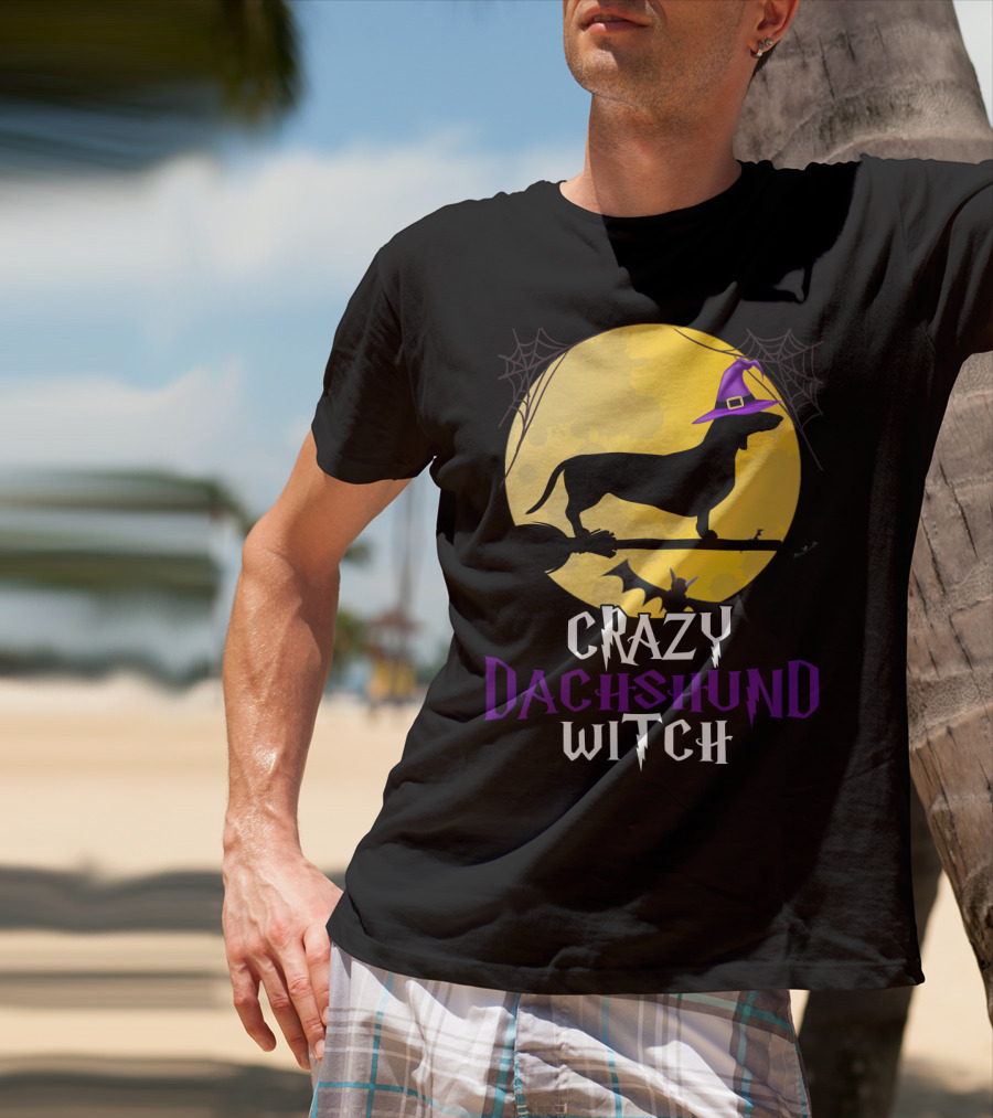 Crazy Dachshund Witch Dog Halloween Moon Silhouette With Broomstick And Purple Hat T-Shirt