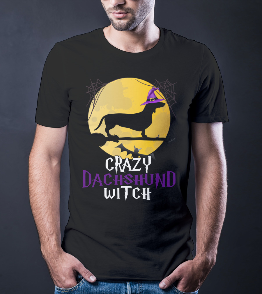 Crazy Dachshund Witch Dog Halloween Moon Silhouette With Broomstick And Purple Hat T-Shirt