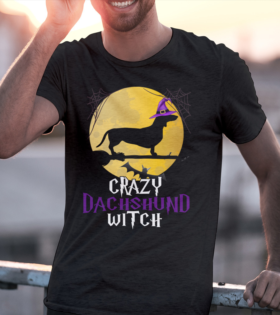 Crazy Dachshund Witch Dog Halloween Moon Silhouette With Broomstick And Purple Hat T-Shirt