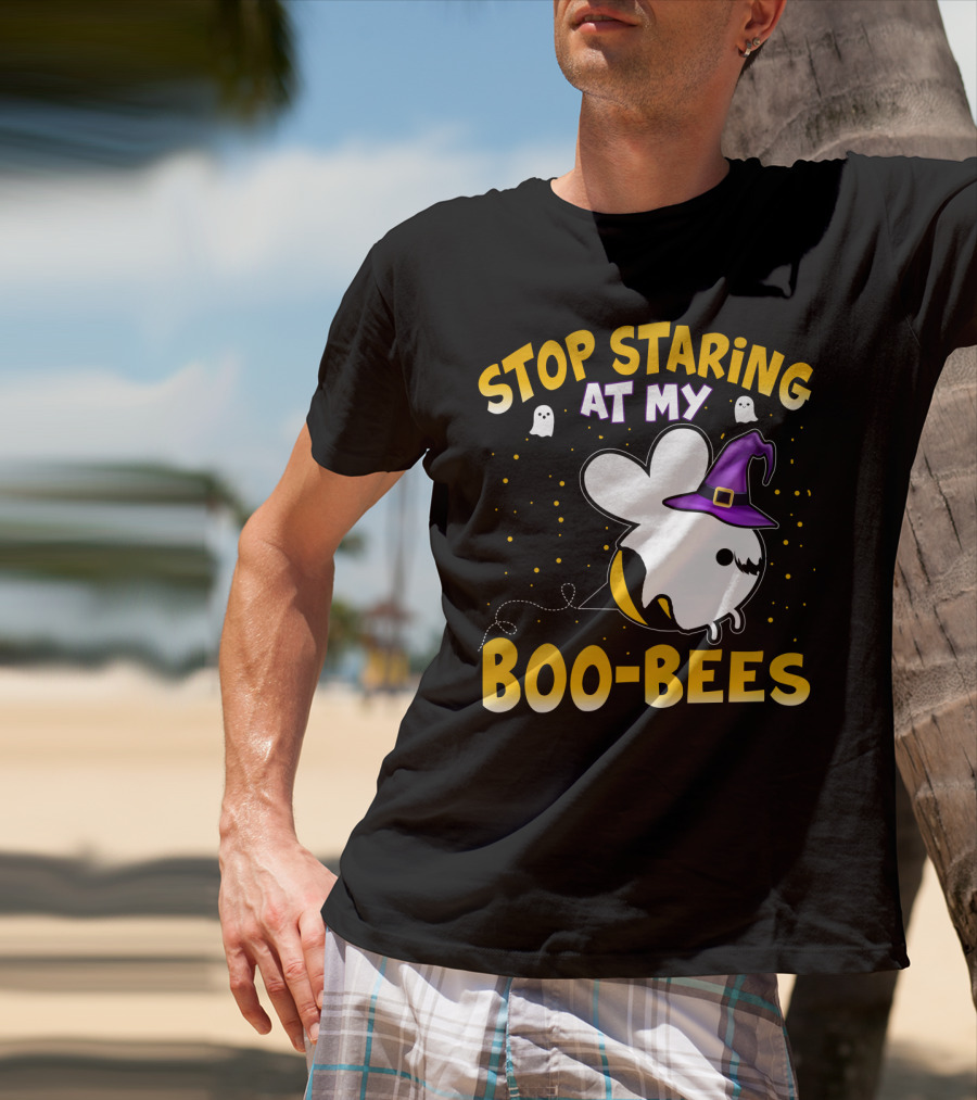 Stop Staring At My Boo Bees Halloween Ghost Bees With Witch Hat And Yellow Dots T-Shirt