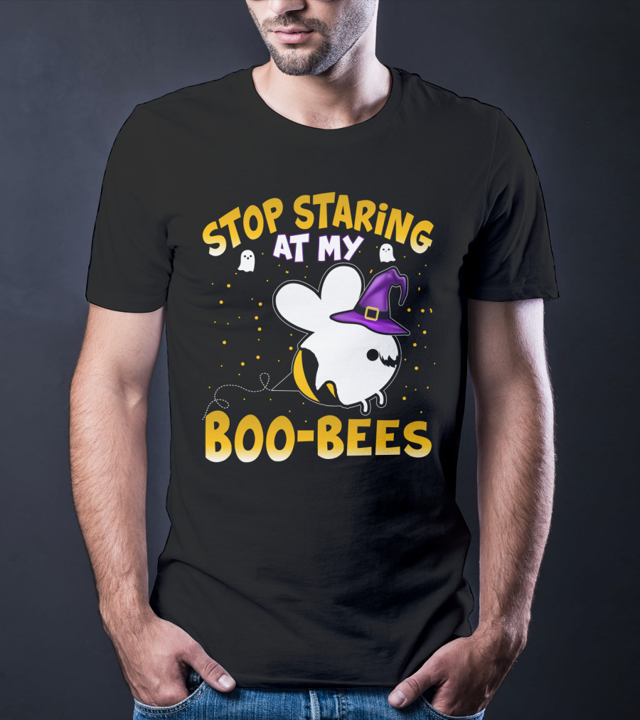 Stop Staring At My Boo Bees Halloween Ghost Bees With Witch Hat And Yellow Dots T-Shirt