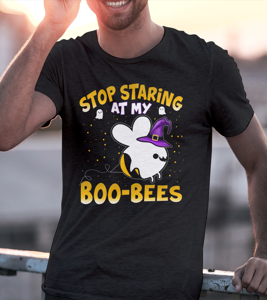 Stop Staring At My Boo Bees Halloween Ghost Bees With Witch Hat And Yellow Dots T-Shirt