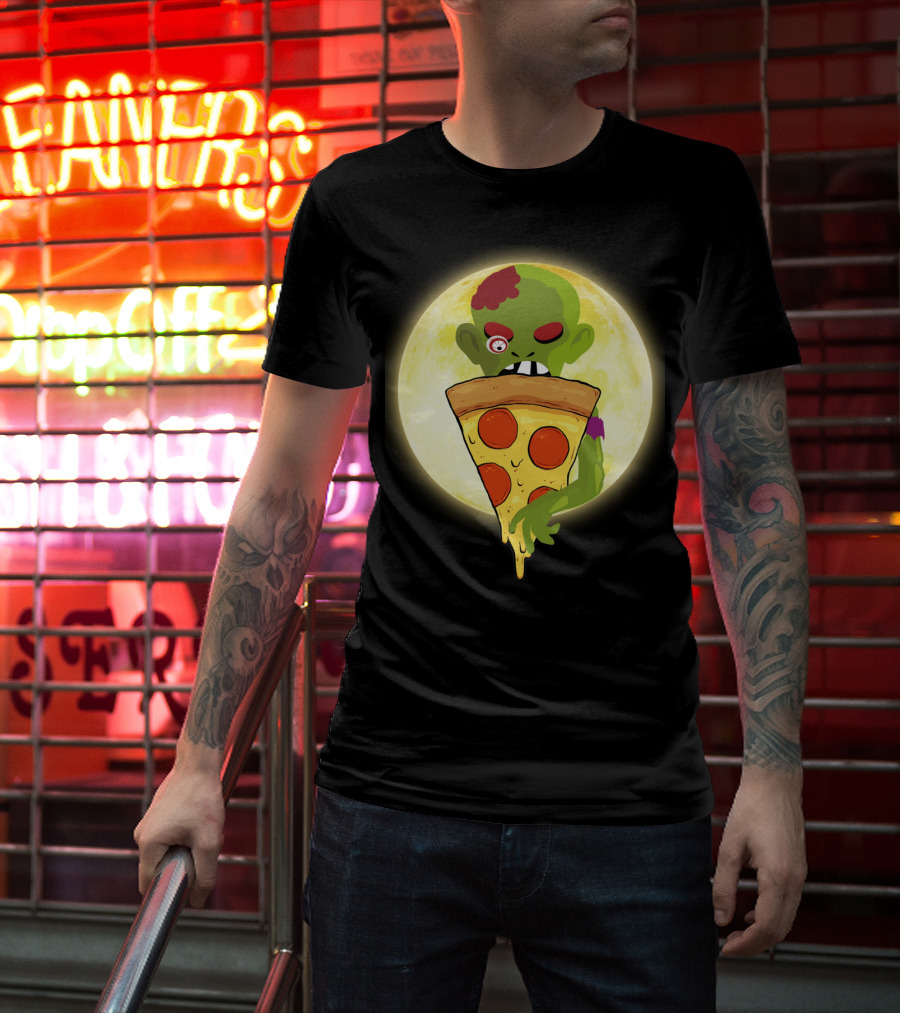 Zombie Eating Pepperoni Pizza Under Full Moon T-Shirt