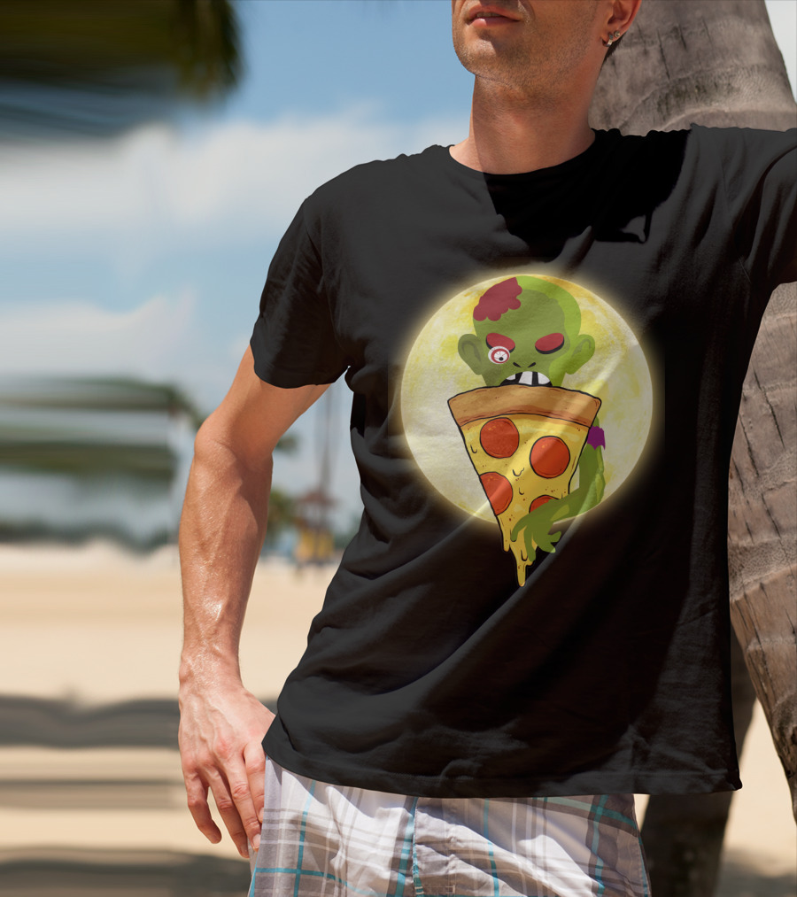 Zombie Eating Pepperoni Pizza Under Full Moon T-Shirt