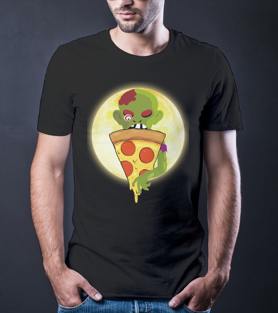 Zombie Eating Pepperoni Pizza Under Full Moon T-Shirt