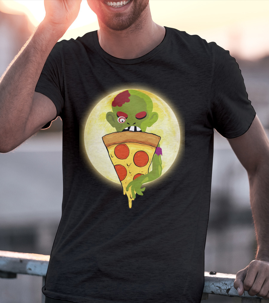 Zombie Eating Pepperoni Pizza Under Full Moon T-Shirt