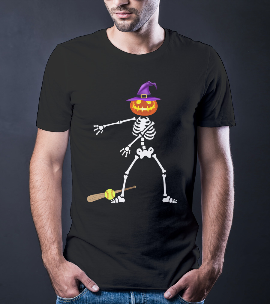 Skeleton Pumpkin Witch Performing Floss Dance With Softball Bat T-Shirt