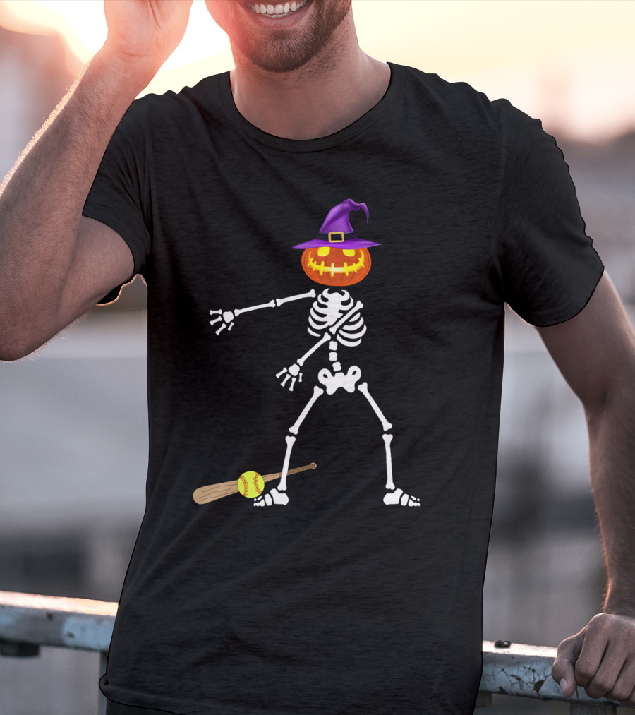 Skeleton Pumpkin Witch Performing Floss Dance With Softball Bat T-Shirt