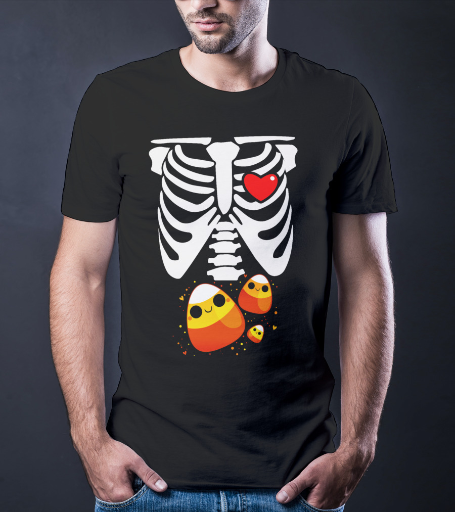 Skeleton Ribs Heart With Cute Candy Corn Halloween Food T-Shirt