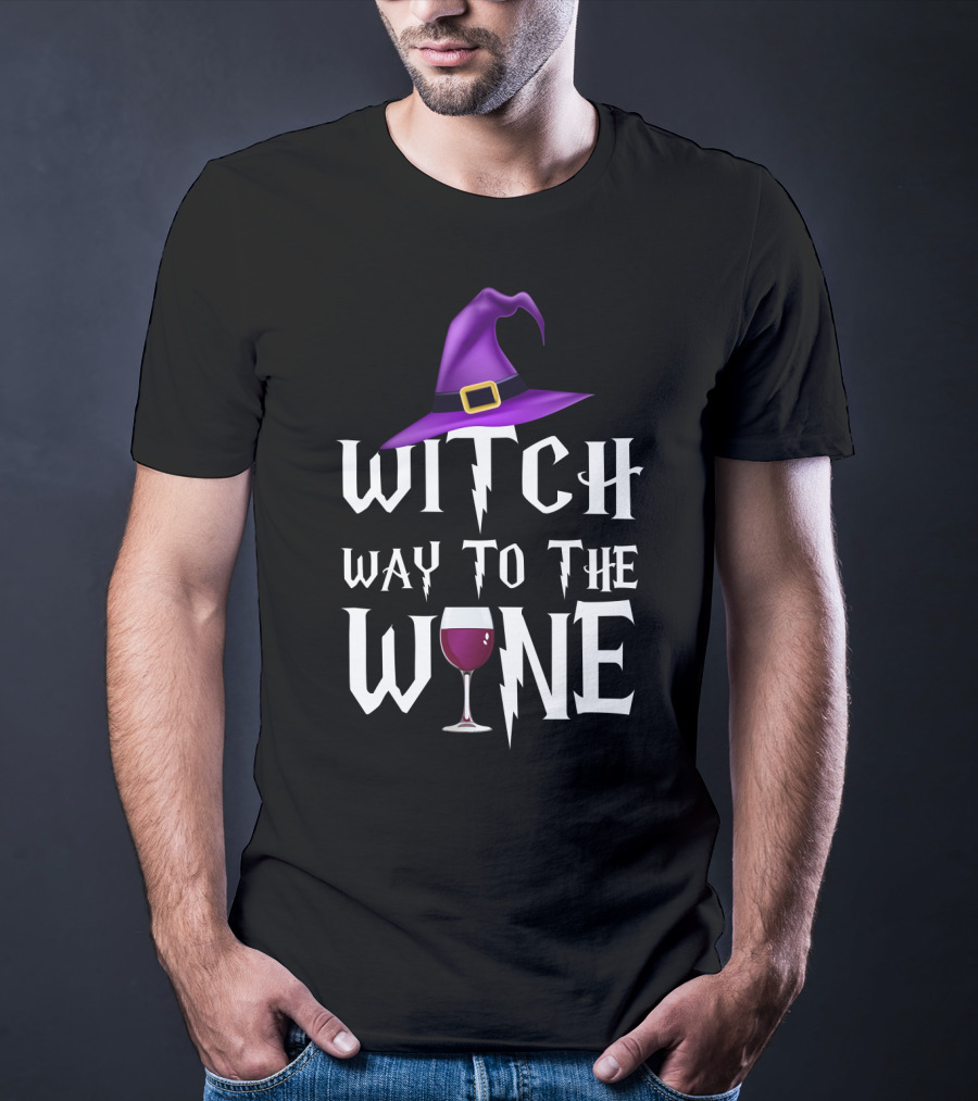 Purple Witch Hat And Wine Glass With Witch Way To The Wine Text In Lightning Font T-Shirt