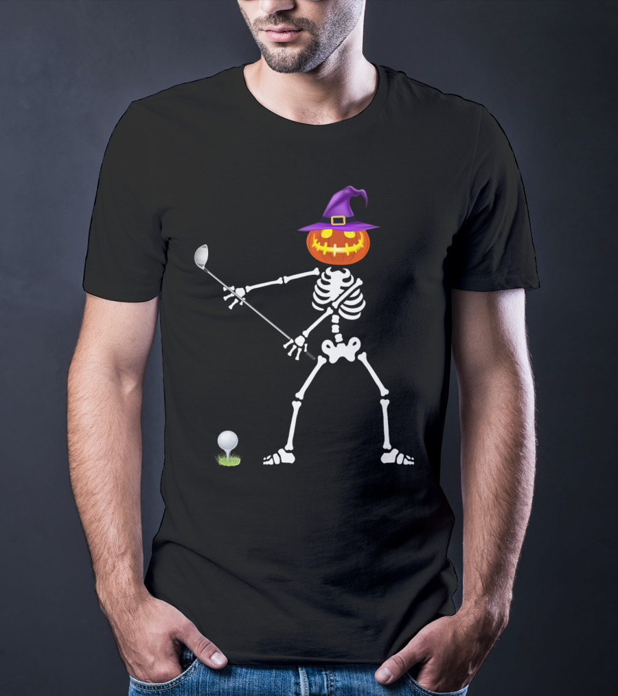 Golf Skeleton With Witch Pumpkin Head Halloween Lazy T-Shirt