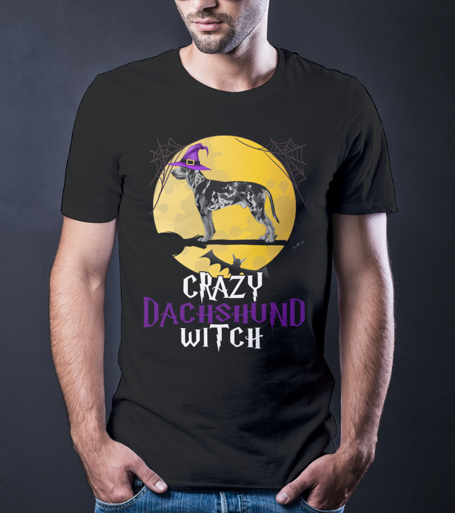 Crazy Dachshund Witch Dog With Purple Hat And Broom Halloween T-Shirt