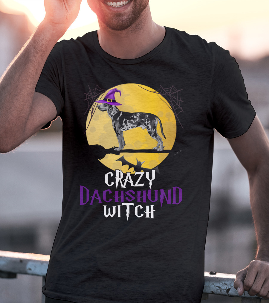 Crazy Dachshund Witch Dog With Purple Hat And Broom Halloween T-Shirt