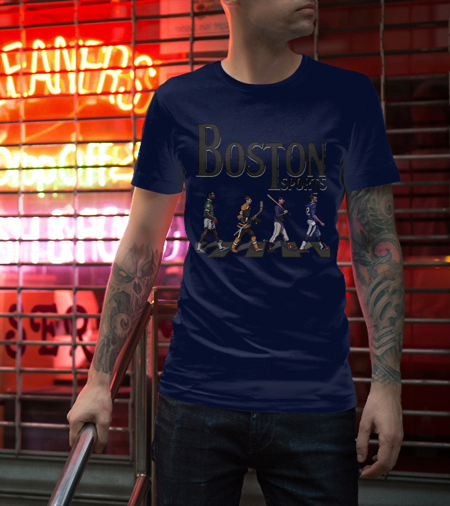Boston Sports Evolution Inspired By Iconic Athletes In Green Basketball, Yellow Hockey, Baseball, And Blue Football Jerseys T-Shirt