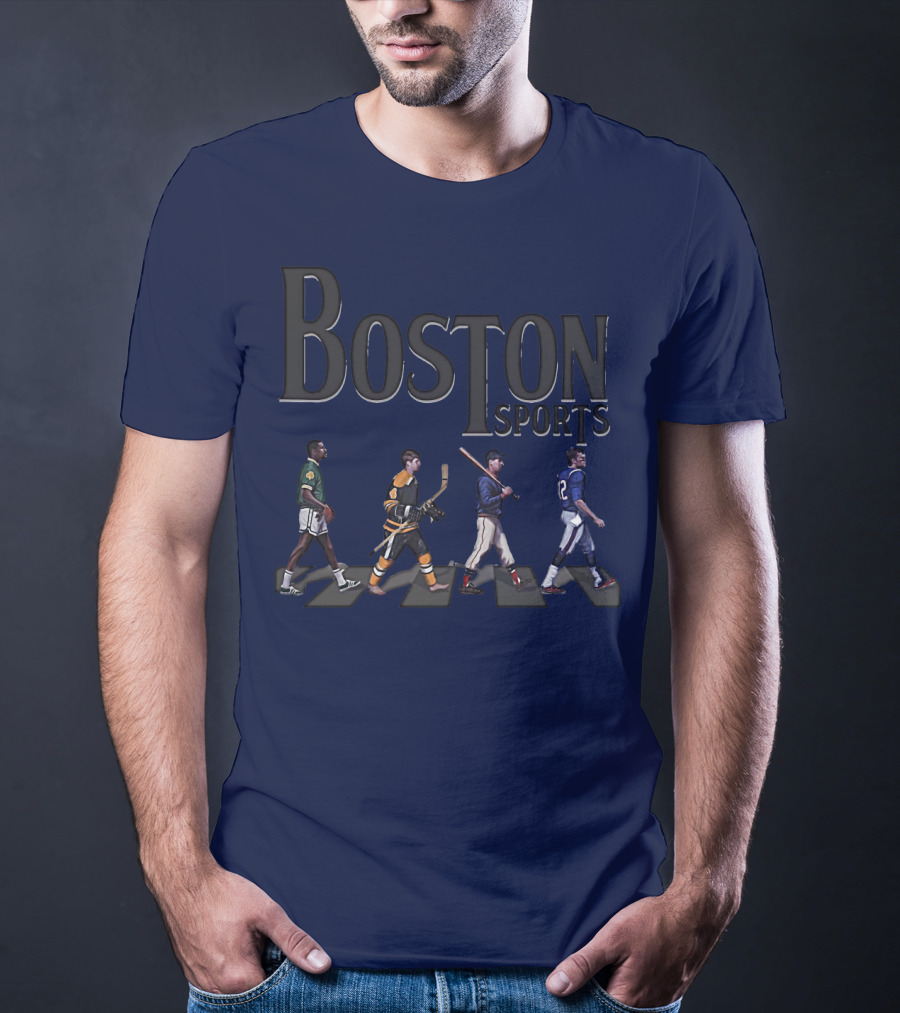Boston Sports Evolution Inspired By Iconic Athletes In Green Basketball, Yellow Hockey, Baseball, And Blue Football Jerseys T-Shirt