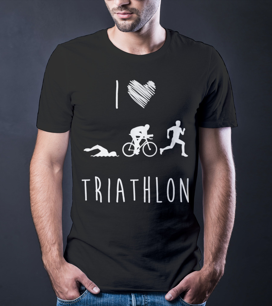 I Love Triathlon Featuring Swim Bike Run Iconography T-Shirt