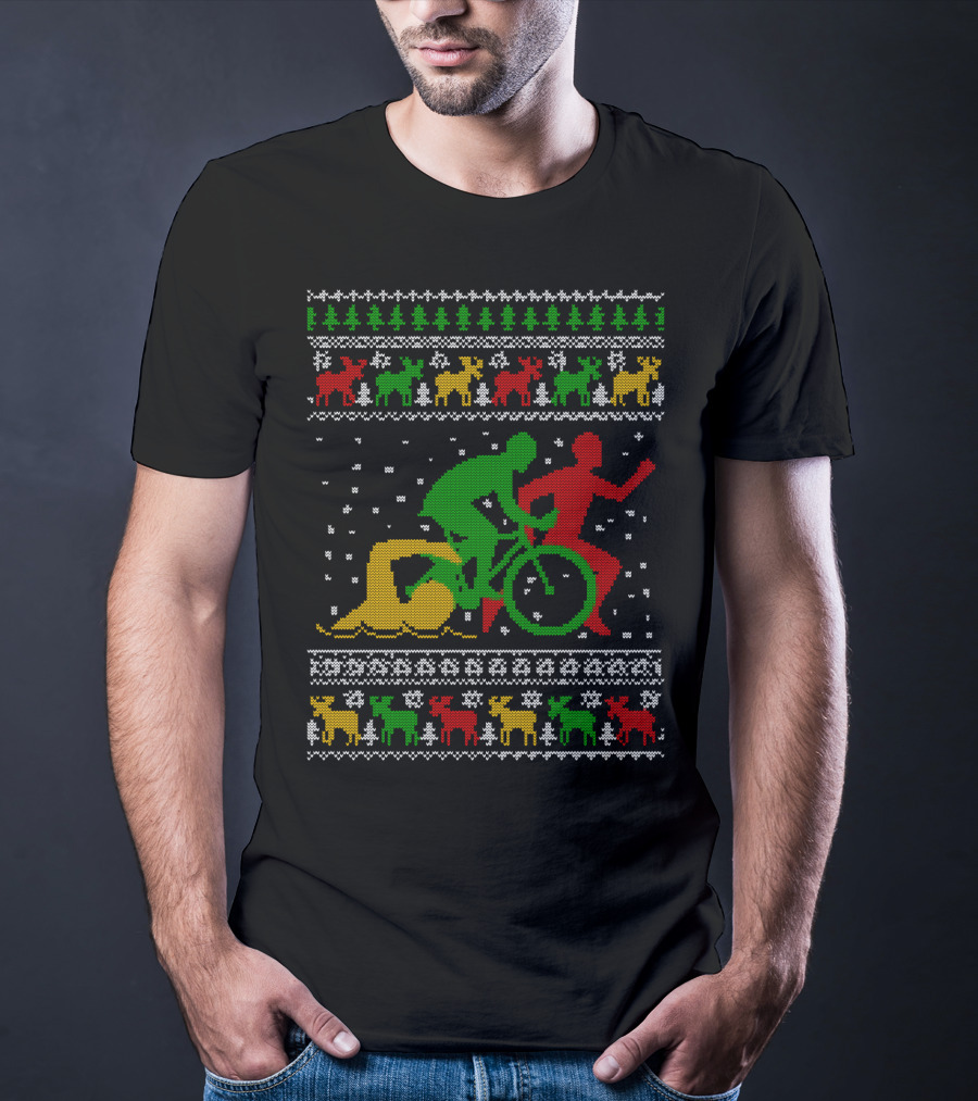 Merry Christmas Triathlon Ugly Sweater Swim Bike Run Festive Reindeer Holiday T-Shirt