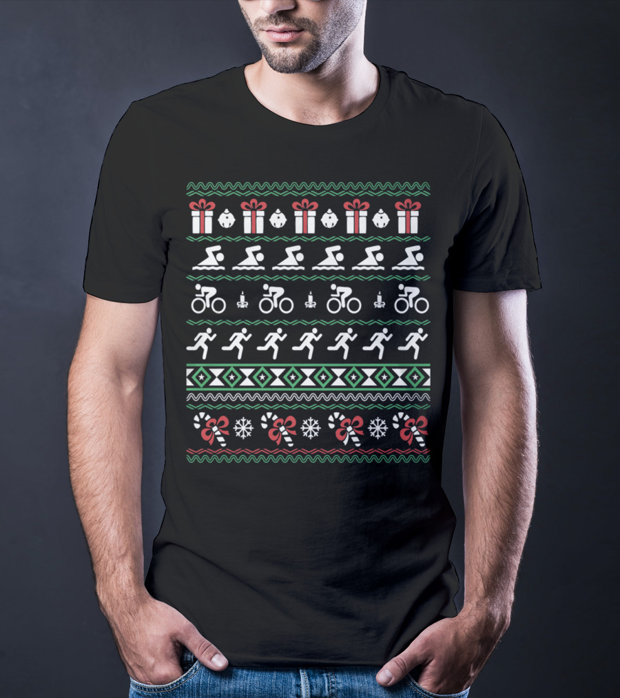 Triathlon Christmas Ugly Sweater Style With Gifts And Candy Canes T-Shirt