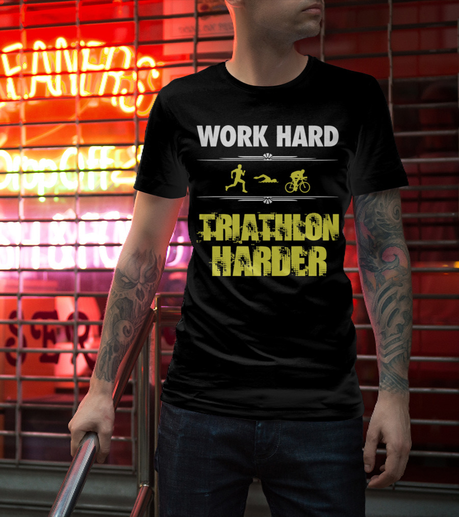Work Hard Triathlon Harder Running Swimming Cycling Icons T-Shirt